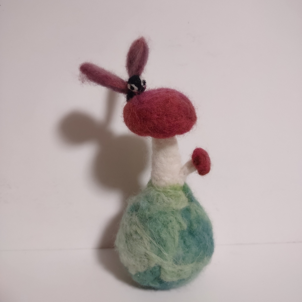 Colorful Needle Felted Mushroom and Butterfly Figurine 6.5"